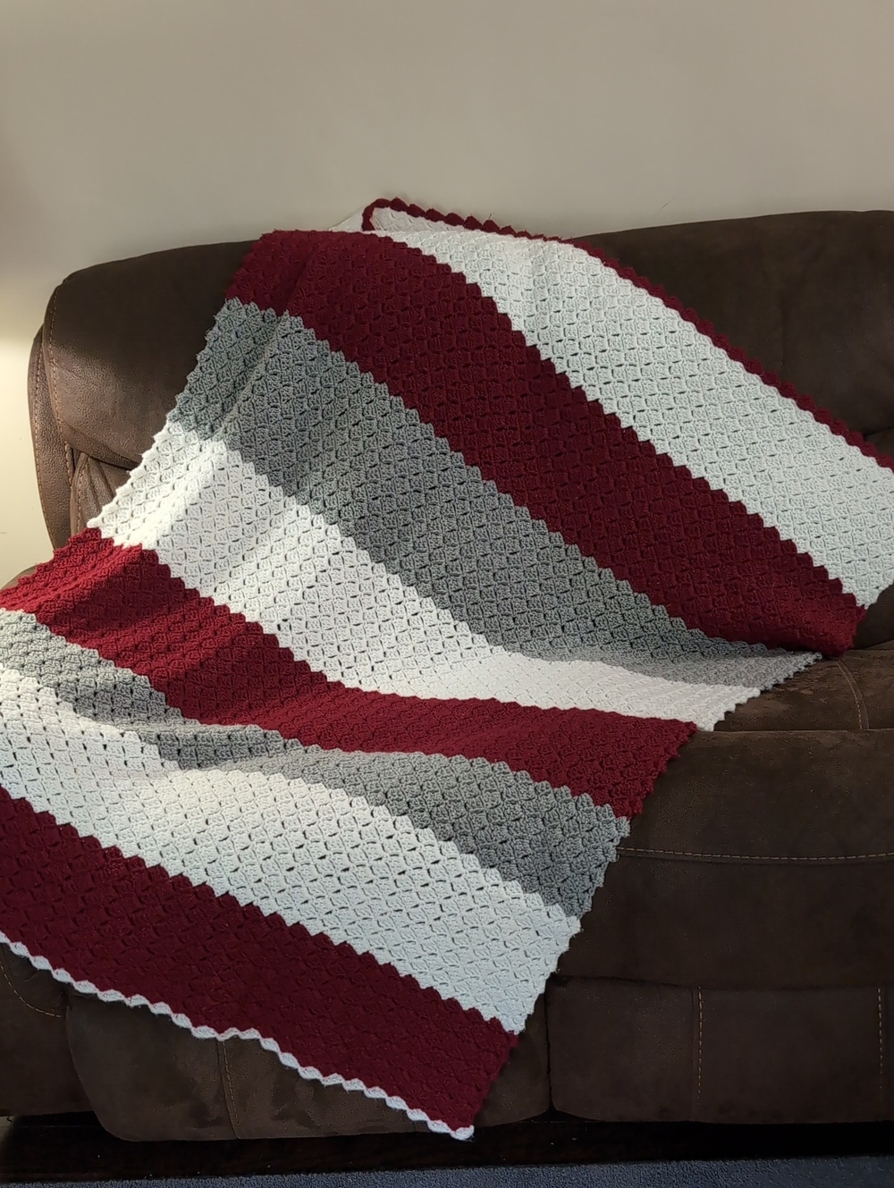Handmade Crochet Striped Blanket Throw Burgundy Grey White Cozy Afghan